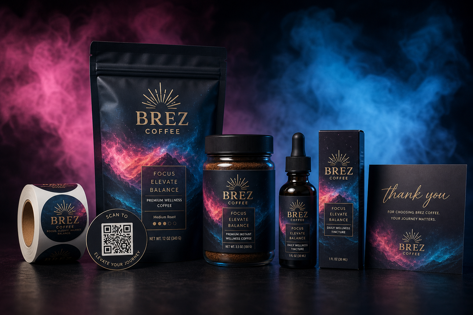 A cohesive branded packaging system with a pouch, jar, bottle, box, and custom labels
