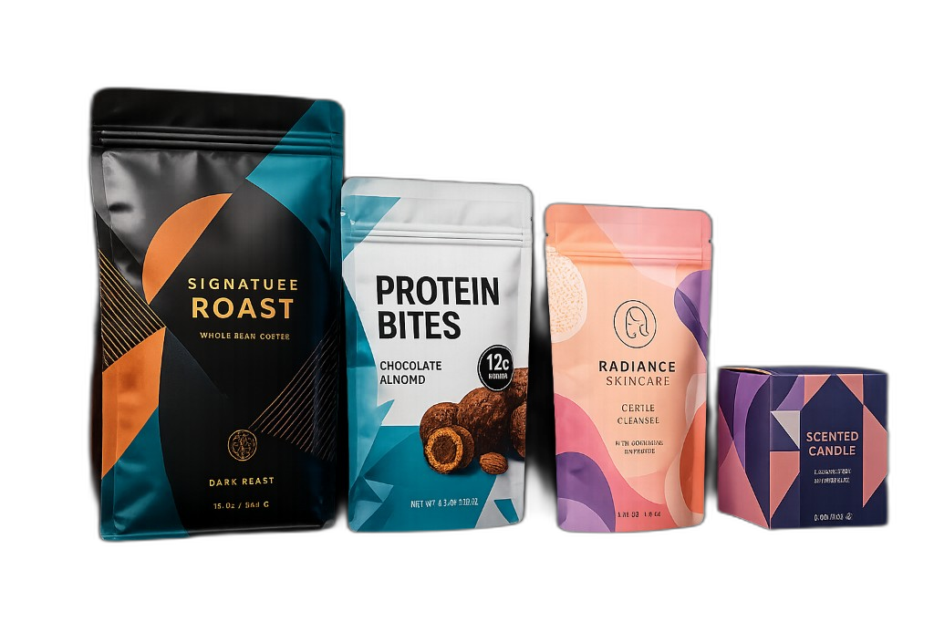 Branded retail packaging — coffee bags, pouches, and product labels