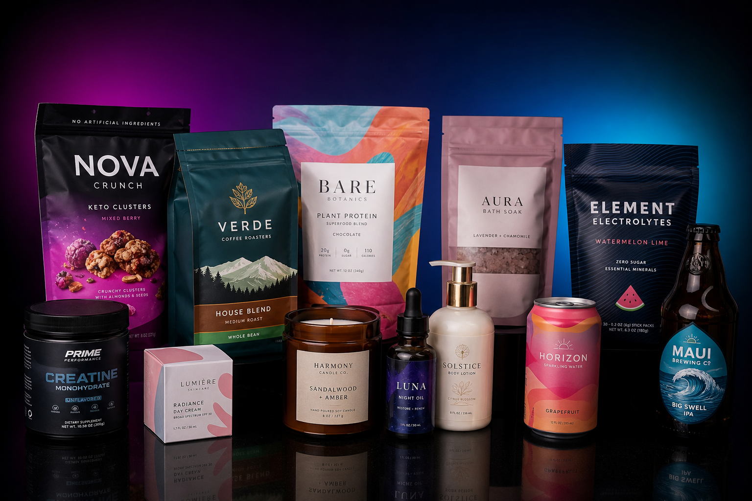 Branded food, coffee, beauty, and wellness packaging shown together